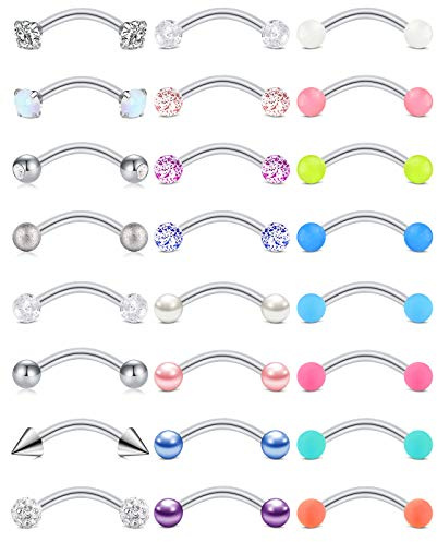 JFORYOU 16G Eyebrow Piercing Stainless Steel Curved Barbell 24Pcs Tragus Helix Daith Rook Earring Piercing Body Jewlery