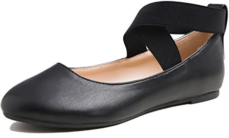 Feversole Women's Stretchy Elastic Ankle Straps Ballet Flats Shoes Black Vegan Leather Size 4 UK