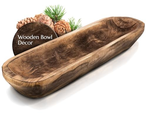 FANDOS Wooden Dough Bowl for Decor - 17¾ in Long Hand Carved Paulownia, Large Rustic Decorative Bowl for Home Table Centerpiece, Keys, Entryway Table, Catchall Tray & Wooden Dining Room Centerpiece