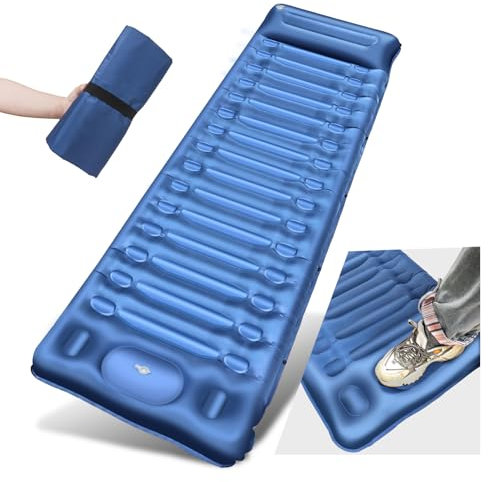 BLUEVER Camping Isomatte Selbstaufblasbare mit Fußpresse Pumpe,14cm Upgrade Campingmatte Verdickte Schlafmatte Outdoor mit Kissen für Wandern, Zelt,Outdoor,Strand,Wandern,Reise(Blau)