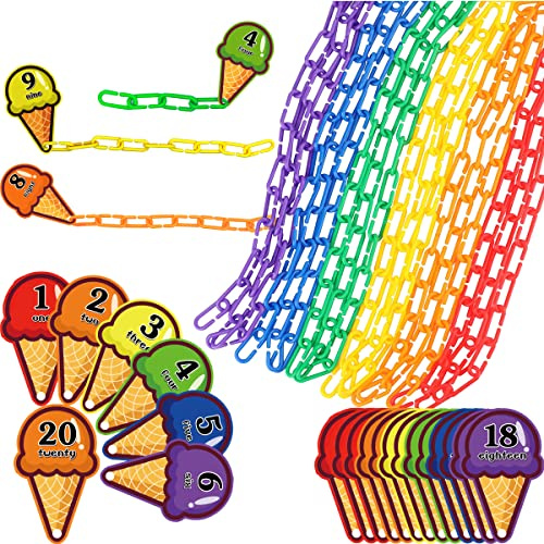 RAINBOW TOYFROG Chain Link Math Manipulatives - 240 C Clips Plastic Chain Links & 20 Ice Cream Cards for Counting & Linked Math Game - Learning Resources for Kindergarten Sensory