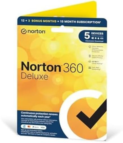 Norton 360 Deluxe 2025, Antivirus Software for 5 Devices, 50GB, 15 Month Subscription ‎with ‎Automatic Renewal