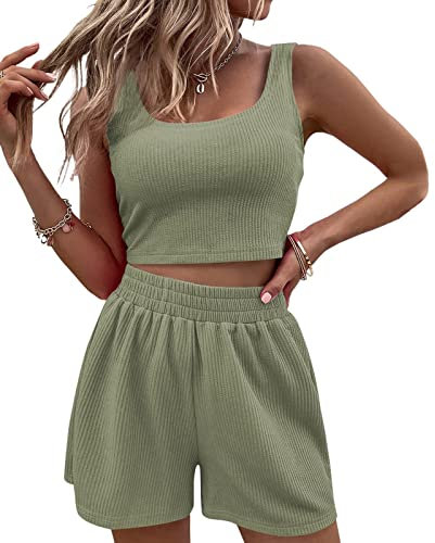 Geagodelia Women's Two Piece Outfit Summer Ladies Sexy Co Ord Set Crop Tank Top + Shorts Y2k Aesthetic Clothes Streetwear Sport Gym Sets (A - Green, S)