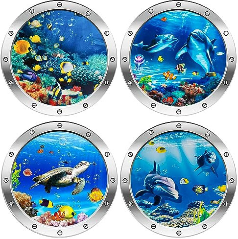 3D Wandtattoo Unterwasserwelt, 4 Pcs Wandtattoo Badezimmer Bullauge deko, Wandsticker Badezimmer Bilder Bullauge Unterwasserwelt Wandaufkleber (Schildkröte Silber)
