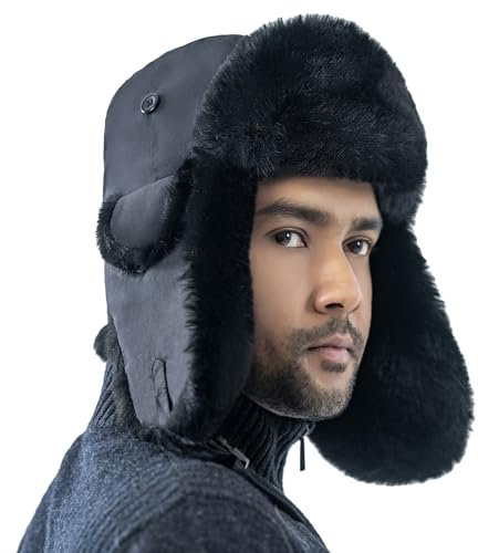 HEYANN Fliegermütze Herren Schapka Uschanka Schwarz Trapper Russische Mütze mit Ohrenklappen Wintermütze Unisex Fliegermütze Fellmütze für Herren (L/XL, Schwarz-schwarzesTatu)