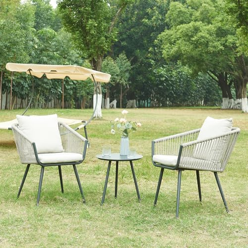 casa.pro Ensemble de Meubles de Jardin 3 Pièces avec Table Basse Ronde et 2 Chaises avec Coussins Set de Bistrot pour Extérieur Terrasse Balcon Acier Laqué Polyéthylène Polyester