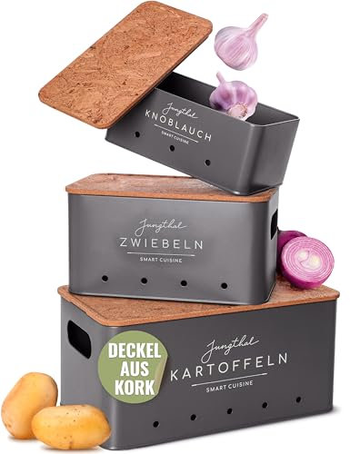 JUNGTHAL Kartoffel Aufbewahrungsbox | 3er Set | Aufbewahrung für Kartoffeln, Zwiebeln & Knoblauch | Zwiebeltopf, Kartoffelbox, Kartoffelkiste | Anthrazit