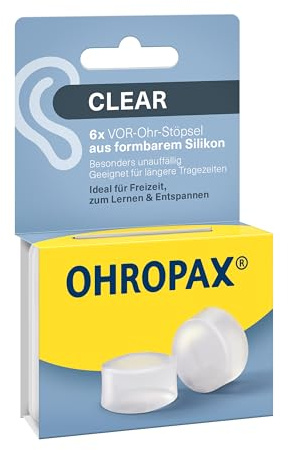 OHROPAX Clear öronproppar – tydliga främre öronproppar av formbar silikon – särskilt diskret – lämplig för alla öron – ljudisoleringsvärde SNR 23 dB – för fritid, inlärning eller avkoppling – 6