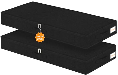 mepure 12CM Height Low UnderBed Storage Boxes With Lid, 2 Pack Shallow Underbed Clothes Storage Organizer With Sturdy Sidewalls/Bottom, Slim Under Sofa Storage Drawers For Comforters Blankets- Black