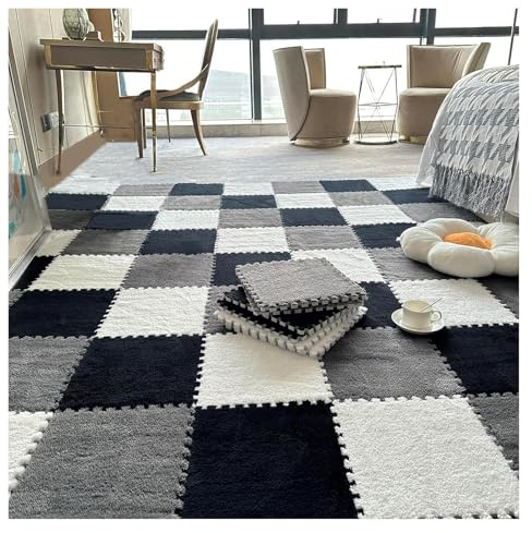 mjuka mattor, 36 st, mjuk plysch fyrkantig lekmatta, pusselskum golvmatta, 30x30 cm sammankopplade mattplattor, sovrum(Black+gray+white,0.23 inch)