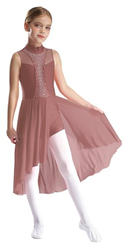 Yhong Vestido de ballet para niñas Disfraz de danza lírica con malla Falda asimétrica Maillot de ballet Body Vestido de danza moderna contemporánea de tul, altrosa, 146-152