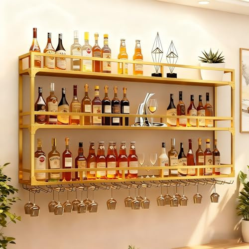 Portabottiglie da parete, portabicchieri da liquore industriale galleggiante a 3 livelli, grande espositore per bottiglie di vino in metallo, scaffale da appendere, Arredamento Casa (Oro, 120cm)