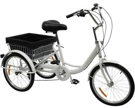 jiumxliu 20 tums trehjuling för vuxna, 8 växlar lastcykel, seniorcykel med shoppingkorg, för städer stränder cykelvägar vit