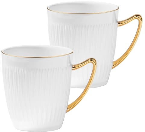 Luxury Bone China Coffee Mug Set of 2, 8oz Lightweight White Fine Bone China Tea Cups with Gold Thin Rim, Over 45% Bone Content Porcelain Ceramic Thin Mugs for Espresso Latte Mocha Freezer Safe