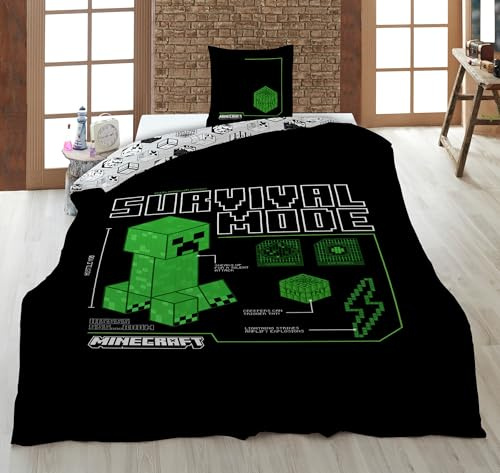 Parure de Lit Minecraft Survival Mode – Housse de Couette 140x200 cm + Taie d'oreiller 63x63 cm – Microfibre Ultra-Douce – Design Officiel Creeper & Blueprint – Parure Réversible Enfant/Ado/Gamer