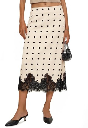 Cicy Bell Womens Silk Satin Leopard Midi Skirts Casual Dressy Lace Hem High Waisted A-Line Skirt Elegant Party Cocktail Outfit