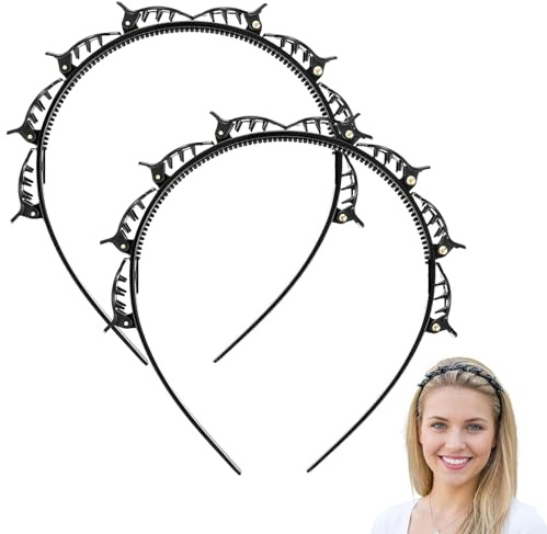 Lot de 2 Serre-tête avec Pinces pour Femme et Fille, Bandeau à Cheveux Double Couche pour Coiffure DIY et Double Frange, Accessoire de Coiffure Élégant et Flexible - Noir