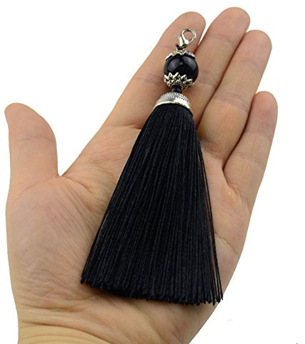 Makhry 10pcs 4.5 Pouces à la Main Silky Floss Fermoir Homard Tassel Porte-clés Perles Signet Gland Pendentif pour Bricolage Artisanat Jewerly Femmes Boucle d'oreille (Noir, Court)