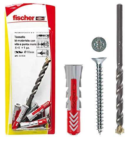 Fischer 4 Duopower Dowels Med Skruv Och 1 Borrspets, 10 X 50 Mm, För Full Vägg, Perforerad tegel, Gipsskivor, 537638, Grå/Röd