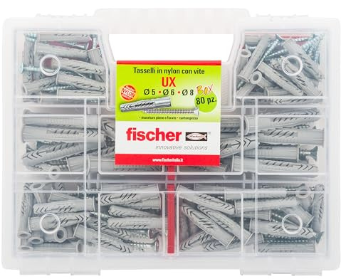 Fischer KIT UX, Valigetta 80 Tasselli UX con vite Assortiti per Fissaggio su Muro pieno, Mattone forato, Cartongesso, 544257