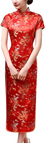 Laogudai Abito da Matrimonio Donna Rosso Cinese a Maniche Corte Qipao Drago Vestito Tradizionale 46