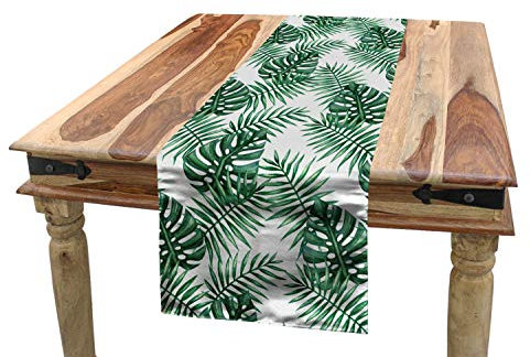 ABAKUHAUS Blatt Tischläufer, Palm Mango Banana Tree, Esszimmer Küche Rechteckiger Dekorativer Tischläufer, 40 x 300 cm, Jägergrün Weiß