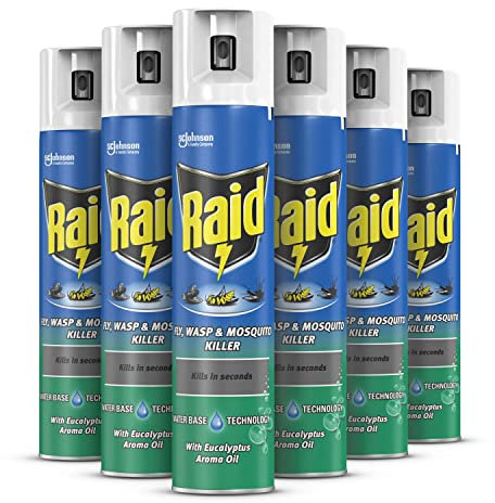 Raid Fly, Wasp & Mosquito Killer with Eucalyptus Aroma Oil, Fly Killer Spray For Indoor Use, Pack of 6 (6 x 300ml)