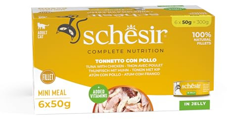Schesir, Atún con Pollo En Gelatina, Alimento Húmedo Completo para Gatos, En Lata, con Vitaminas Añadidas, 100% Filetes Naturales, Cruelty-Free, 6 X 50g