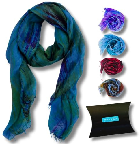 100% ren silkesscarf kvinnas halsdukar sjal handmålad sidenhalsduk, blå, grön, Blå, grön, Large