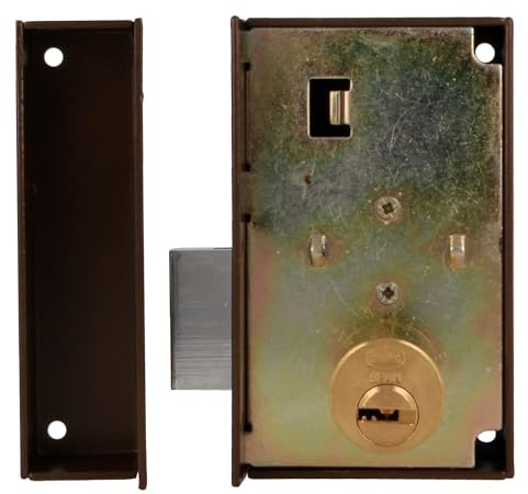 Amig - Cerradura de Sobreponer de Derecha con Palanca de Cierre y Lengüeta para Puertas de Madera Mod. 75P - 67 x 112 mm - Cilindro Redondo de Seguridad - Acero Marrón