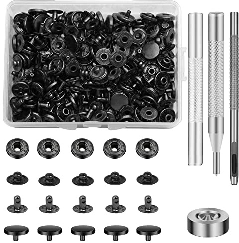 Benlay Set di 50 bottoni automatici in pelle, 10 mm, set con 4 attrezzi per l'installazione, bottoni a pressione in pelle per cucire vestiti, borse e lavori fai da te (nero)