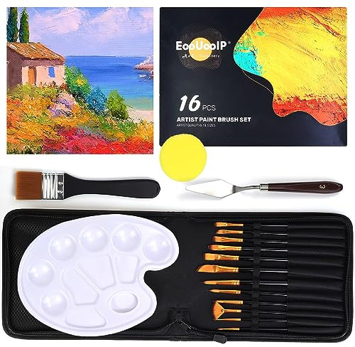 EooUooIP 15-Teiliges Pinselset Acrylfarben für Acryl, Öl-, Aquarell, Gouache-Malerei, Körperbemalung, inklusive 10 Pinsel, Palette, Schwamm, Spachtel und Tragetasche.