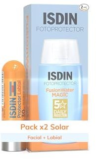 ISDIN Pack FusionWater MAGIC LSF 50, ultraleichte Sonnencreme für das Gesicht mit Wasserformel, 50 ml und Lippenbalsam mit LSF 30, der die Lippen schützt
