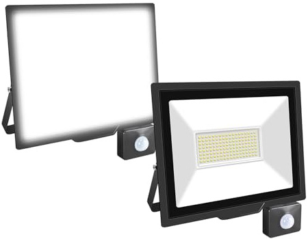 Willpower 2pcs Foco LED Exterior 100W Proyector LED con Detector de Movimiento Impermeable IP66 LuzLED Exterior 6000K Blanco Frío Luz de Inundación Seguridad para Garaje Patio Jardín Terraza Parque