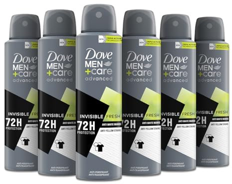 Dove Deodorante Dove Men + Care Invisible Fresh Spray Advanced Care, Deodorante Uomo, con 1/4 Crema Idratante, Formula Idratante e Anti-Macchia, Protezione Fino a 72 Ore, 6 Pezzi da 150 ml