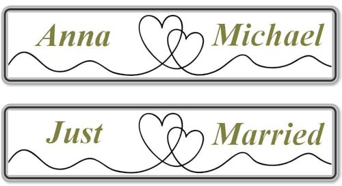 2X Hochzeit Autoschild mit Wunschtext Hochzeitsschild Hochzeitsauto Kennzeichen aus Aluminium Digital Druck (Herzpaar)