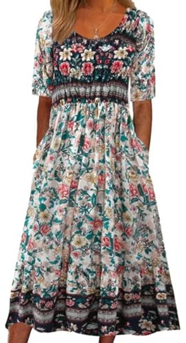 ABINGOO Kortärmad rund hals sommarklänning boho blomtryck A-linje klänning lös midiklänning fritidsklänning strandklänningar med fickor, En blomma, S