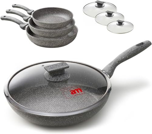 Avilia Set 3 Padelle Antiaderenti per Induzione con Coperchio 20-24-28cm - Batteria Padelle Effetto Pietra per Cottura Senza Olio, Ideale per Carne, Pesce e Verdure, Made in Italy