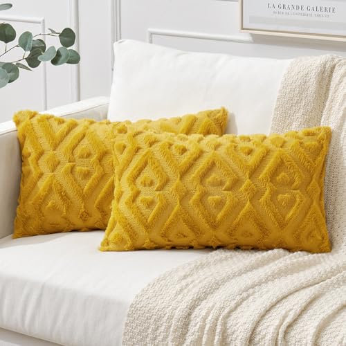 MIULEE 2er Set Wolle Kissenbezüge Weicher Dekokissen Plüsch Kissenbezug Boho Deko Kissen Sofa Aesthetic Geometrische Sofakissen Polyster Zierkissenbezug für Wohnzimmer Schlafzimmer Senfgelb 40x60cm
