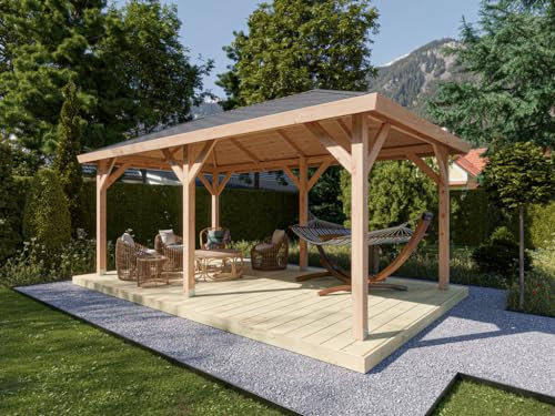 Woodtex Pavillon Gartenlaube | BxTxH: 594 x 340 x 310 cm | Sockelmaß BxT: 542 x 290 cm | Pfostenstärke: 11,5 x 11,5 cm | Douglasie-Holz | Walmdach