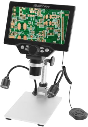 Irfora B1200 Digitalt mikroskop, 7 tums färgskärm, LCD-skärm med stor bas, 12 MP, 1–1200 x förstoringsglas med kontinuerlig förstärkning, metallstativ och två ytterligare lampor