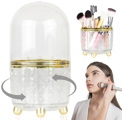 EF&N Lab Porta Trucchi Organizer Rotante 360 Gradi - Portapennelli da Trucco Chiuso con Campana Trasparente Elegante e Compatto