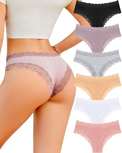 FINETOO Cotton Underwear Womens Sexy Lace Cheeky Low Rise Panties 6 Pack
