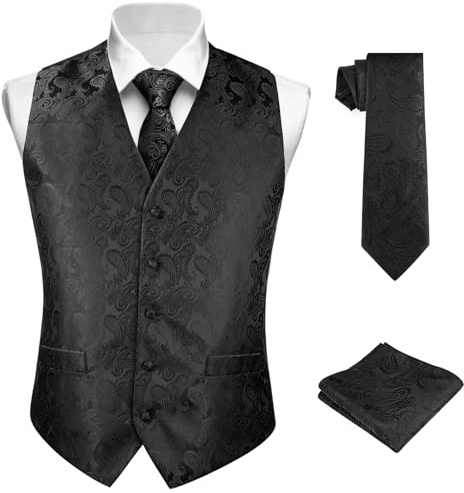 BSBUY Kostymvästar för män, 3/1 st jacquardblommig paisley set med näsduk fickslips/enfärgad klassisk v-ringad ärmlös västar, bröllop västar, affärsdräkt (M~XL)