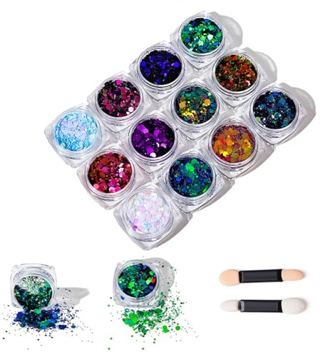 SYEYCW 12 Pièces Paillette Cosmétiques Glitter,Paillettes Visage Festival Enfant, Paillettes de Corps pour Visage, Cheveux, Corps, Cheveux, Yeux, Brillant à lèvres, Maquillag, Halloween, Fête, Noël