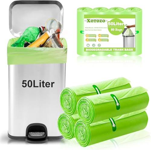 50L Biodegradable Bin Liners 80 Bags, 13Gallon/50 Litre Large Bin Bags | Food Waste Bags Thickened Compostable Caddy Liners, Recycled Rubbish Garbage Bag for Kitchen Office Household, Green 60x80cm