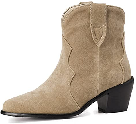 Viéctaa Bottines Cowboy Femme Hiver Talon Epais Western Bout Pointu Effet Daim Boots Chelsea Chaussures Beige 34