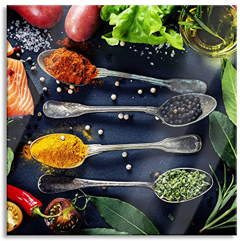 Pixxprint Glasbild, Wandbild auf Echtglas, Feine Gewürze auf Löffeln, 40x40 cm, inkl. Aufhängung und Abstandshalter