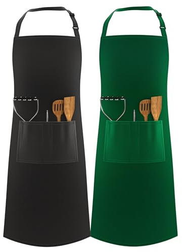 LEFUNDA® 2 Delantal de cocina impermeable con 3 bolsillos y correas largas ajustables para barbacoa, ideal para, hombres, mujeres, cocina, restaurante,cafetería.(2 delantales - Negro y Verde -Grande)