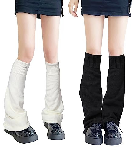 QKURT 2 Pairs Long Leg Warmers, Knitted Winter Thermal Legwarmers Punk Knee High Stockings Boots Cuff Warmer for Women,Girls